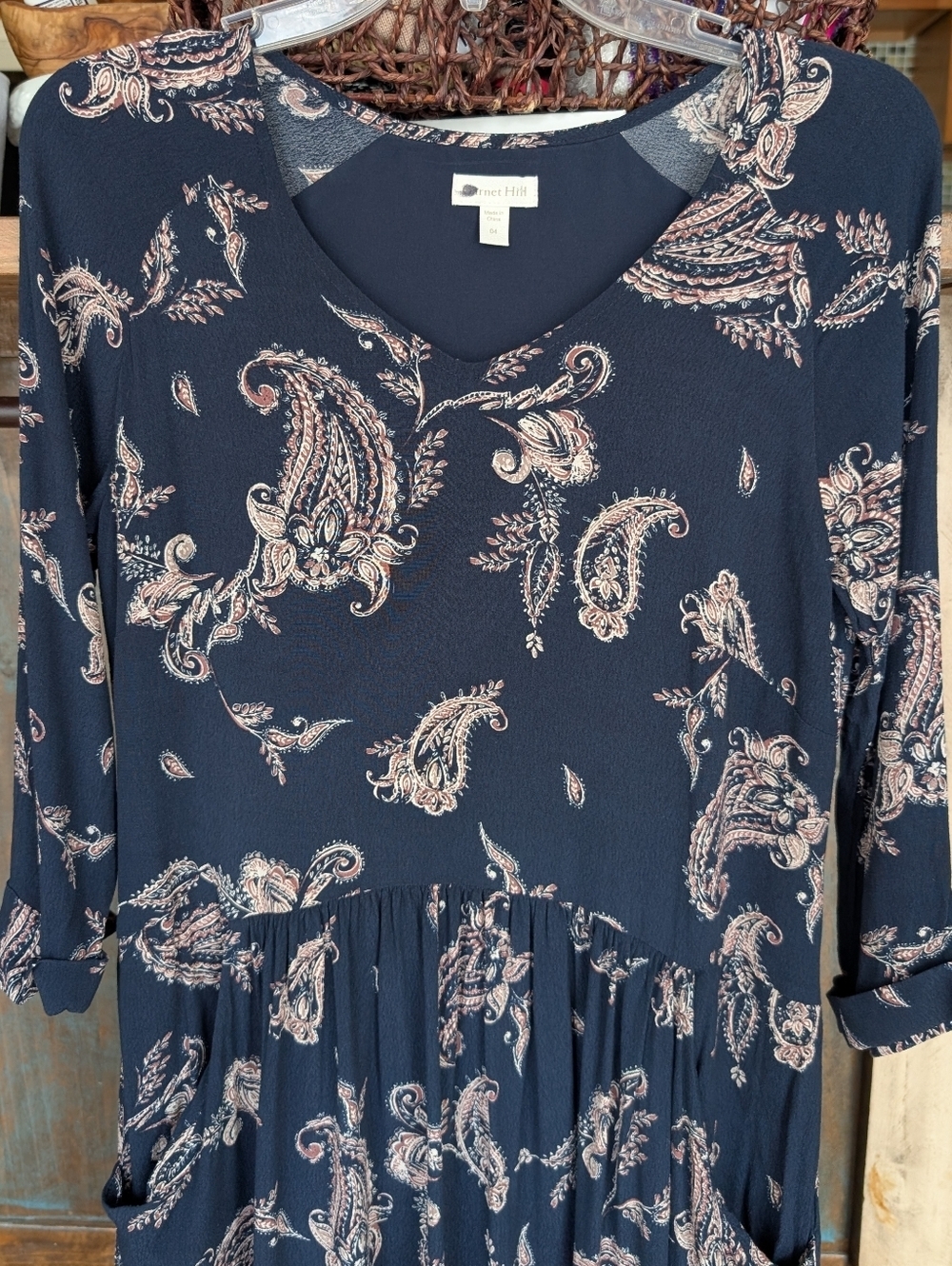 Garnet Hill Navy w/ Paisley Print 3/4 Sleeve Boho Dress w/ Pockets - Women's 4 - Picture 3 of 7
